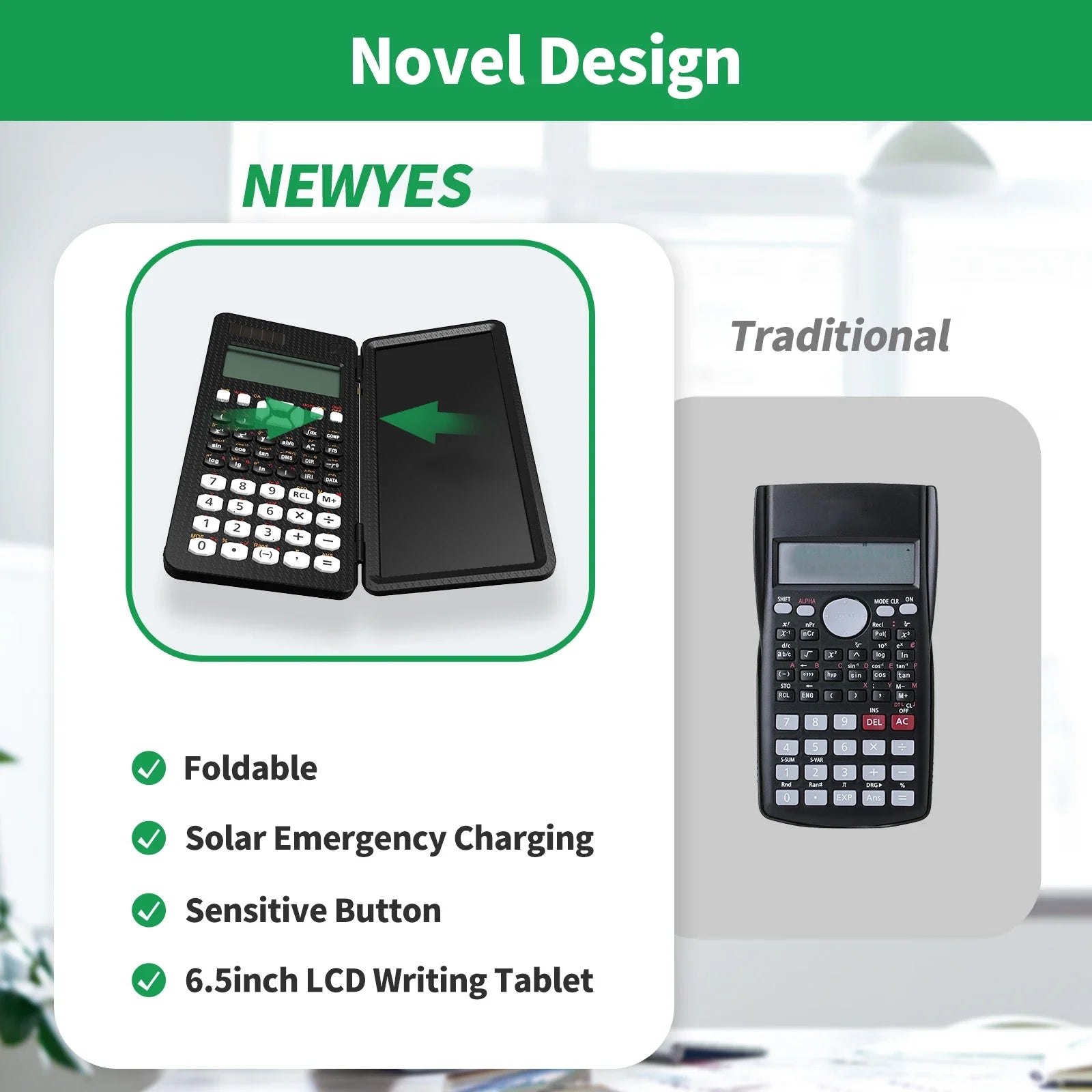 Scientific Calculator with 6.5-Inch (16.5 cm) Writing Tablet — 349-Function Engineering & Financial Calculator, Solar + Battery, Foldable Portable for Students & Office
