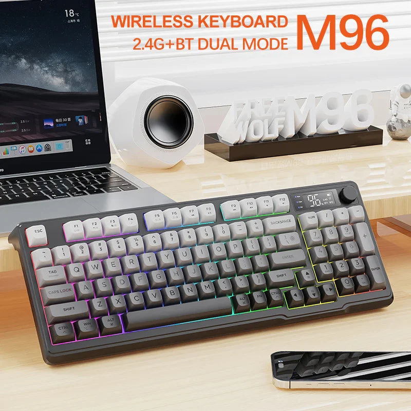 96-Key Bluetooth & 2.4G Wireless Gaming Keyboard with Smart Screen, RGB Backlight, Ergonomic PBT Keycaps — Multi-Device for PC Laptop Tablet