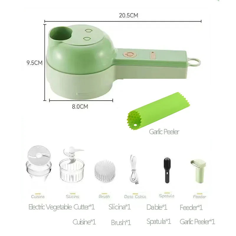 4-in-1 Rechargeable Electric Handheld Vegetable Cutter, Wireless Garlic Chopper, Onion Slicer & Shredder
