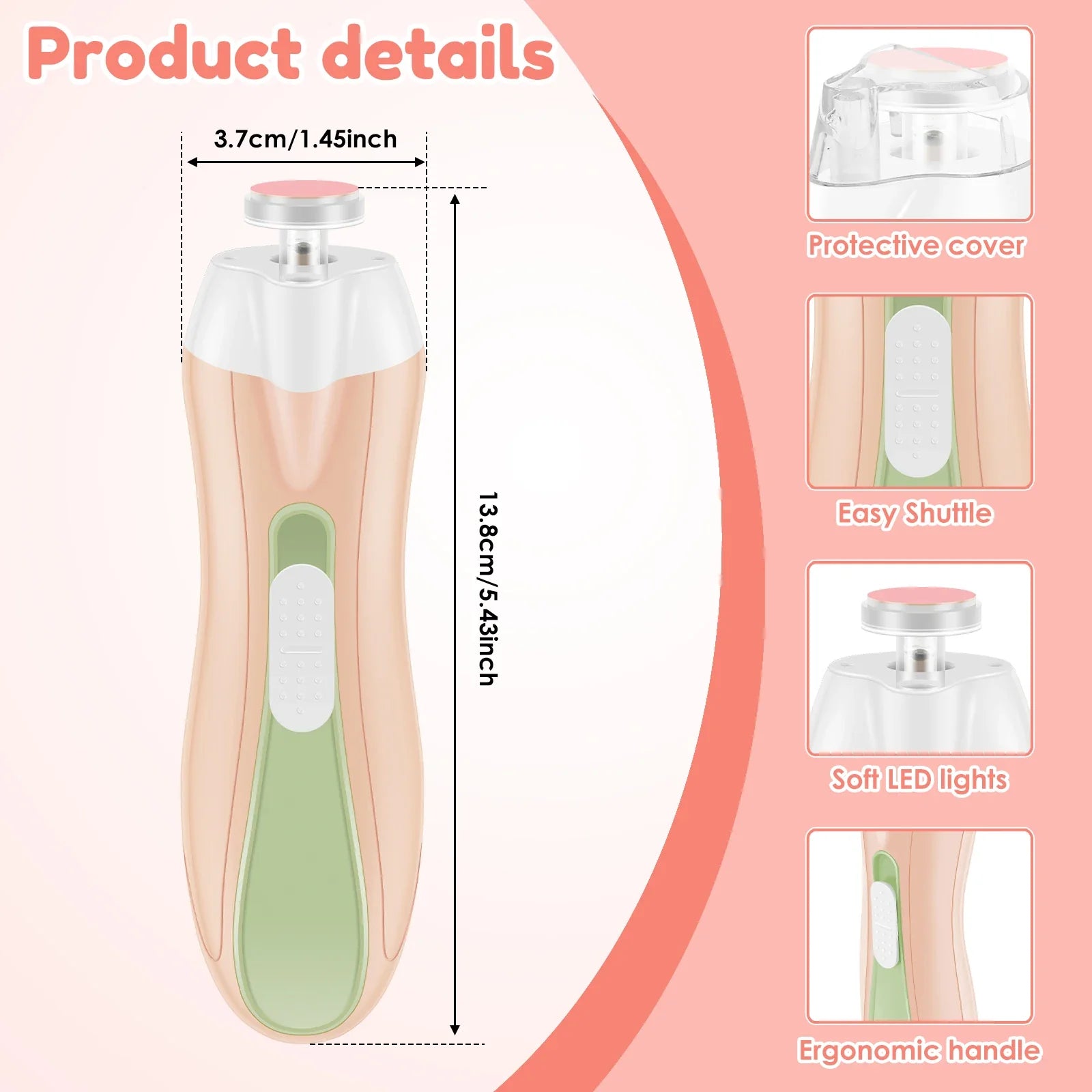 USB Rechargeable Electric Baby Nail Trimmer, LED Light, Silent Motor, Adjustable Speed, 6 Grinding Heads (Newborn to Adult)