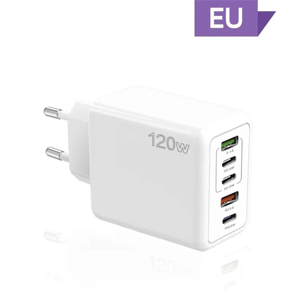 5-Port 120W USB-C PD Fast Wall Charger (3×USB-C + 2×USB-A) — Multi-Device Fast Charging for Smartphones & Tablets