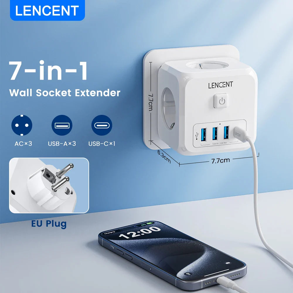 7-in-1 EU Wall Socket Extender - 3 AC Outlets, 3 USB-A & 1 USB-C with On/Off Switch