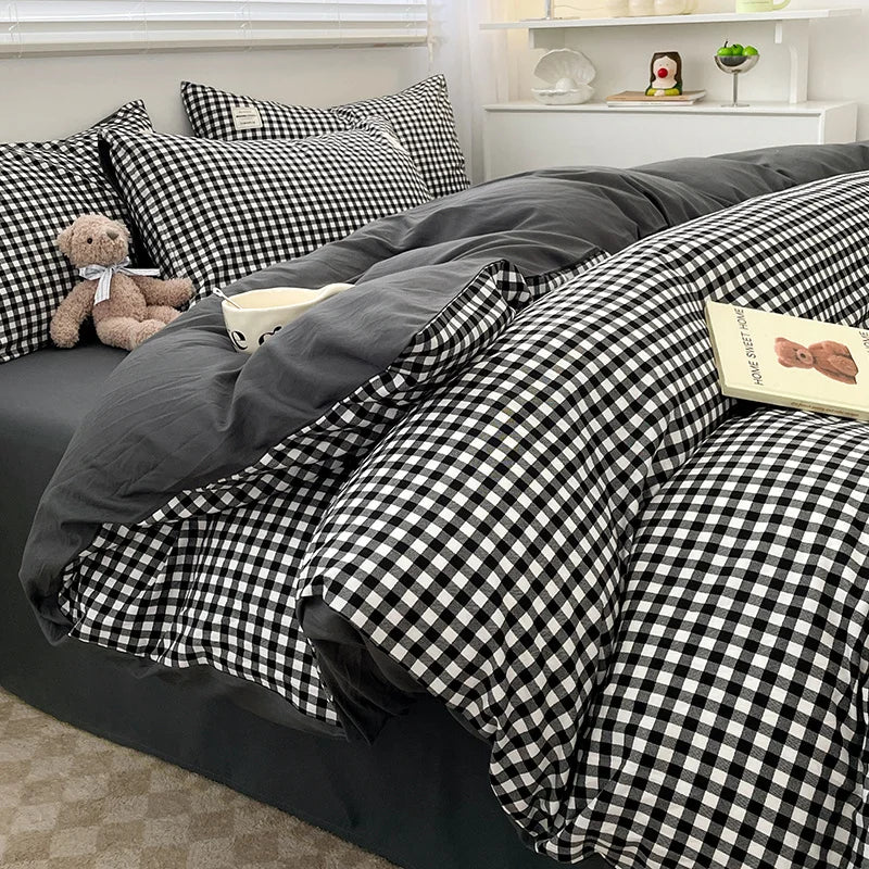 Nordic Plaid Washed Cotton Bedding Set - Duvet Cover + Pillowcases & Flat Sheet - Twin/Full/Queen/King