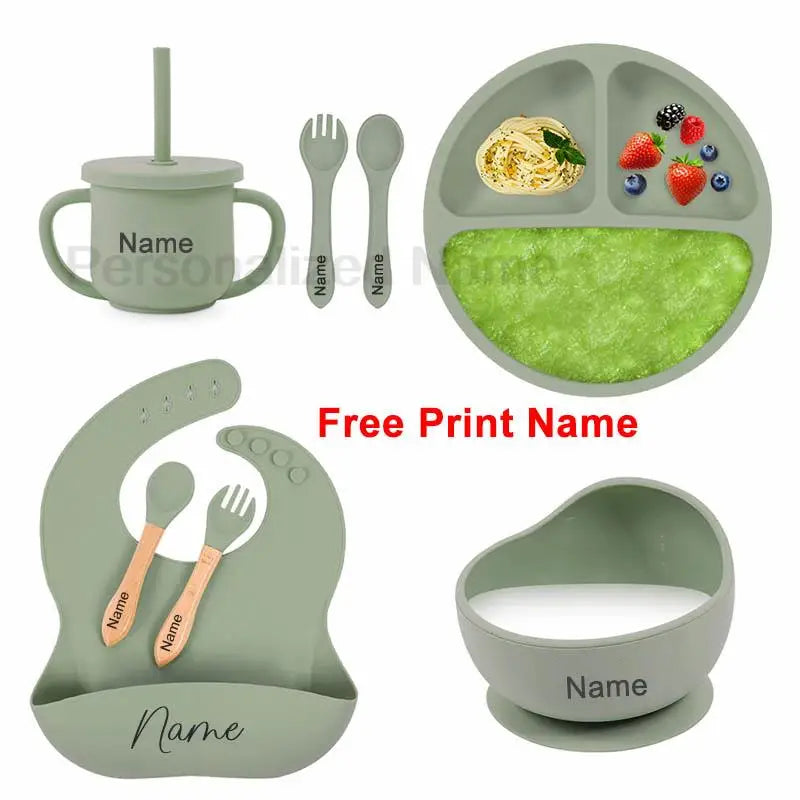8-Piece Silicone Baby Feeding Set with Suction Plate, Bowl & Straw Cup — Personalized Kids Tableware, BPA-Free