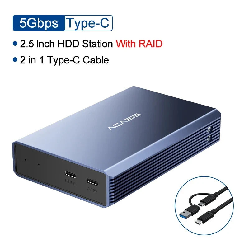 2.5-Inch (63.5 mm) Dual-Bay USB-C SATA HDD/SSD RAID Enclosure — RAID 0/1/JBOD/SPAN, Aluminum