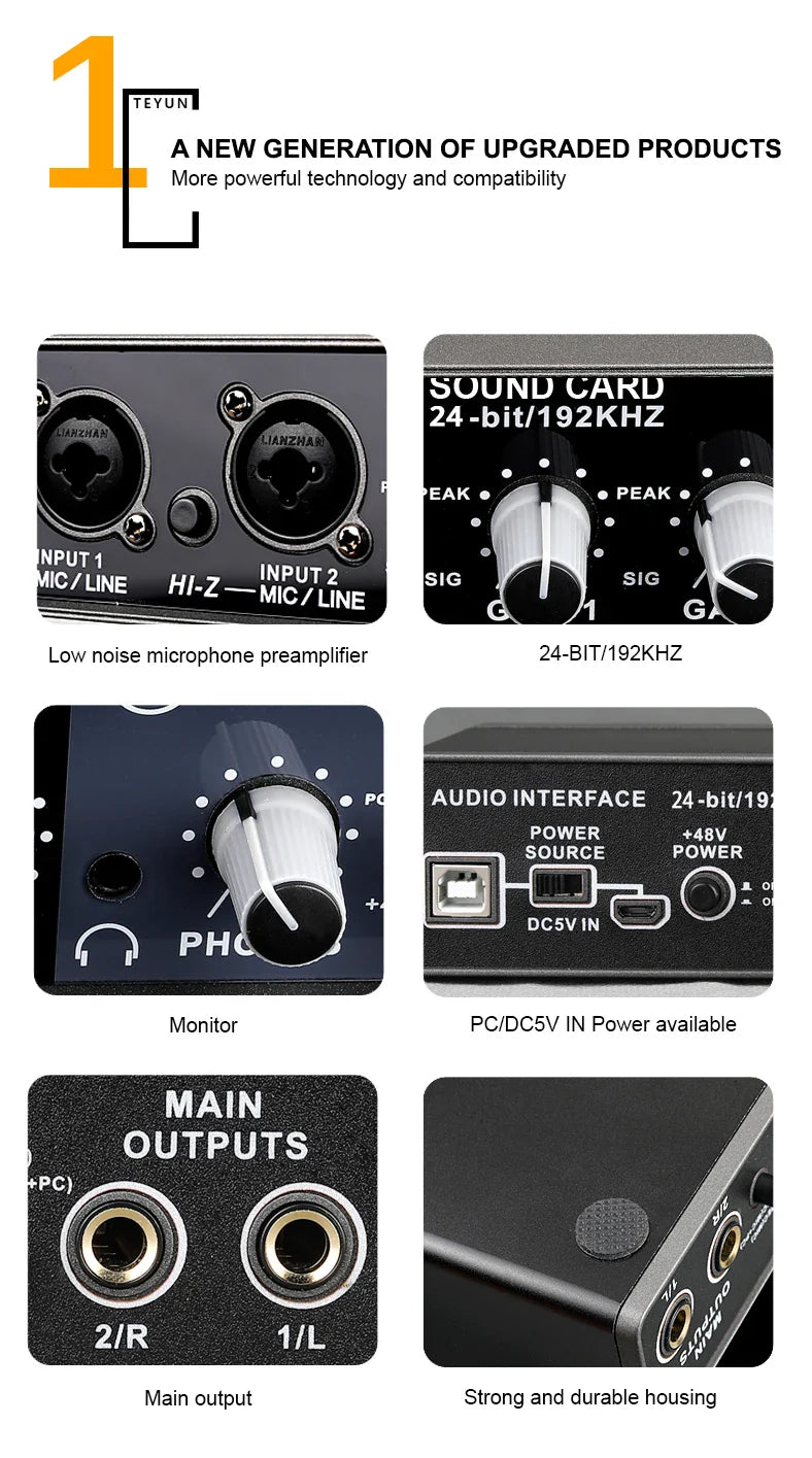 Professional USB Audio Interface Mixer — Live Preamplifier Sound Card for Studio Recording, Channel Monitoring, Guitar & Vocals