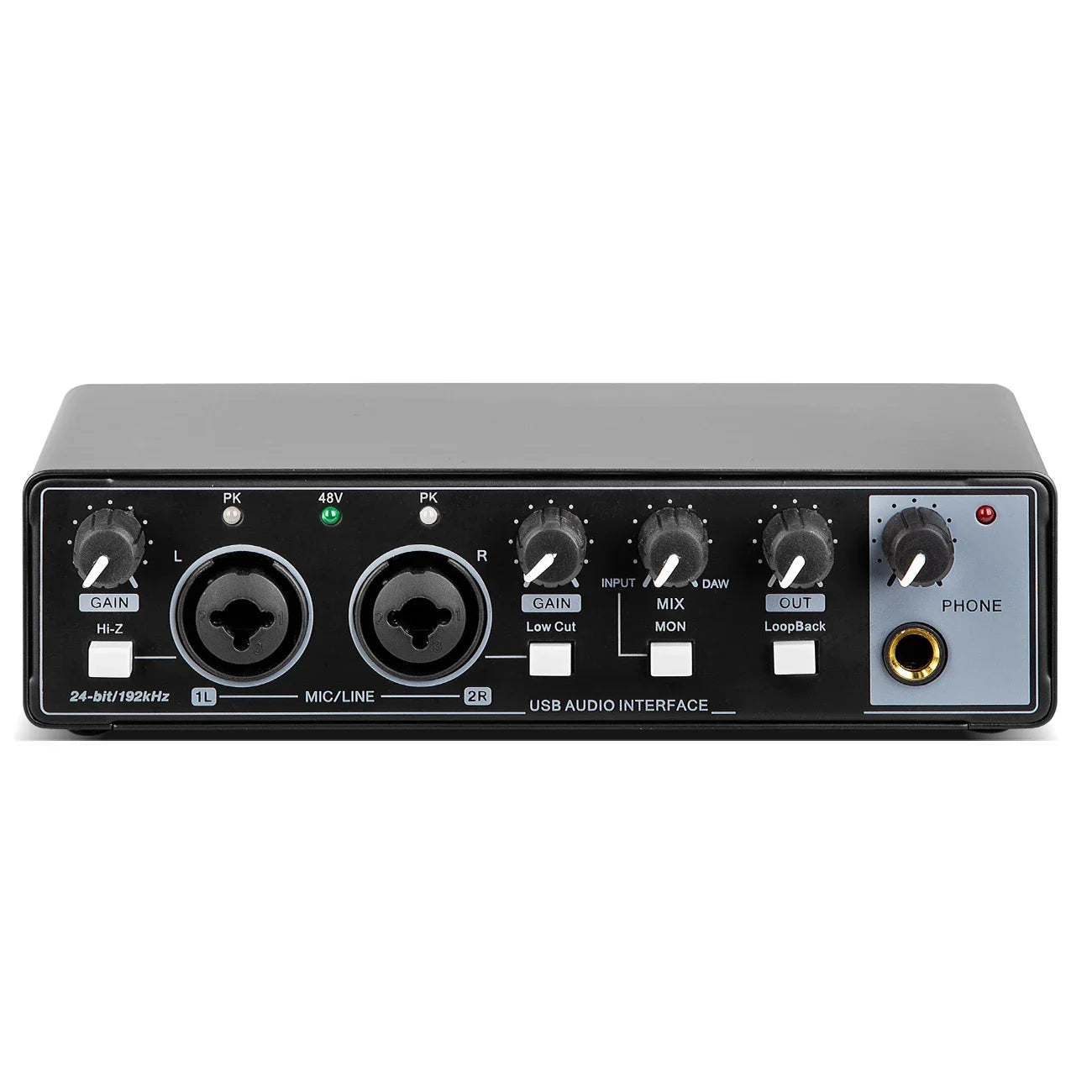 USB Audio Interface 2-In/2-Out with 48V Phantom Power — Low-Latency Recording & Live Monitoring for Guitar, Vocals, Podcasting
