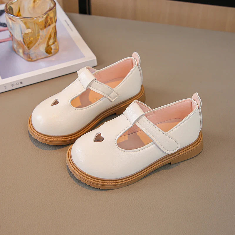 Girls Princess PU Leather T-Strap Flats with Heart Cut-Outs Cute Toddler & Kids Dress Shoes for Spring Autumn