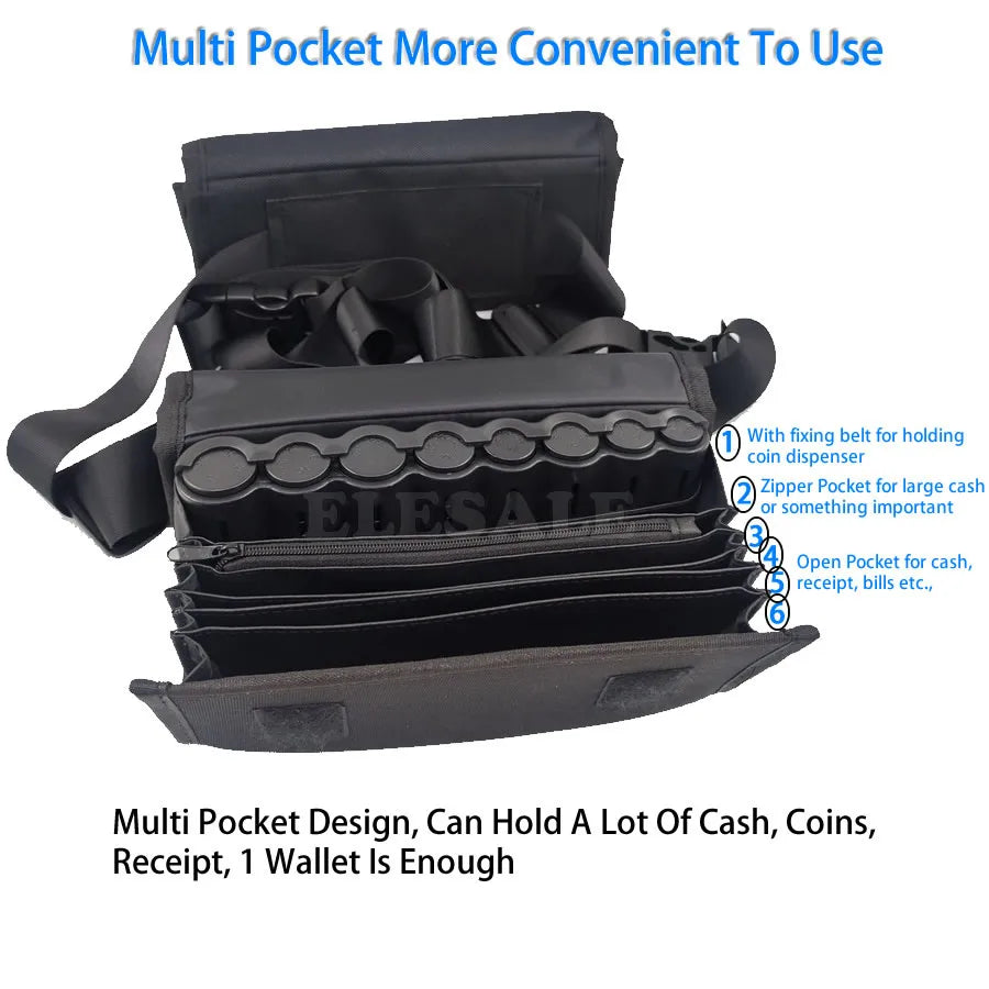Multi-Pocket Waist Cash Bag with Euro Coin Dispenser Waiter & Cashier Coin Organizer