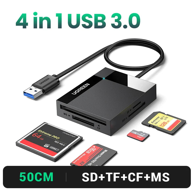 4-in-1 USB 3.0 & USB-C Card Reader – SD / MicroSD (TF) / CF / MS Multi-Card Adapter, OTG for Laptop PC Tablet