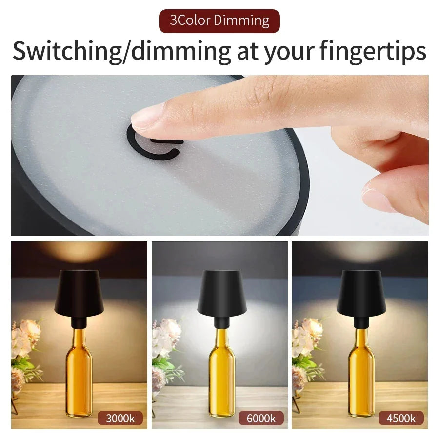Wireless Wine Bottle LED Table Lamp – USB Rechargeable Touch Dimming Mood Light for Bar, Cafe & Home