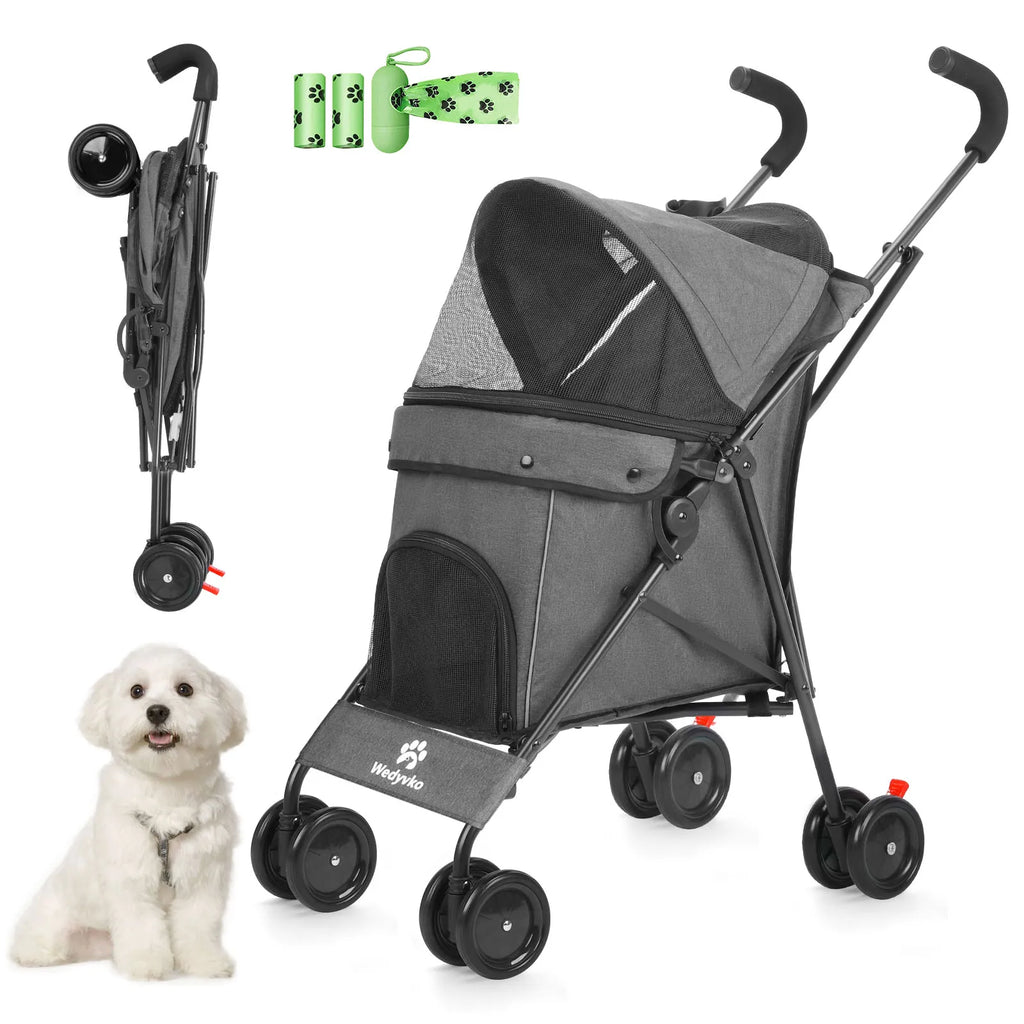 4-Wheel Pet Stroller for Dogs & Cats with Rotating Front Wheels, Brakes and Storage for Travel & Outdoor