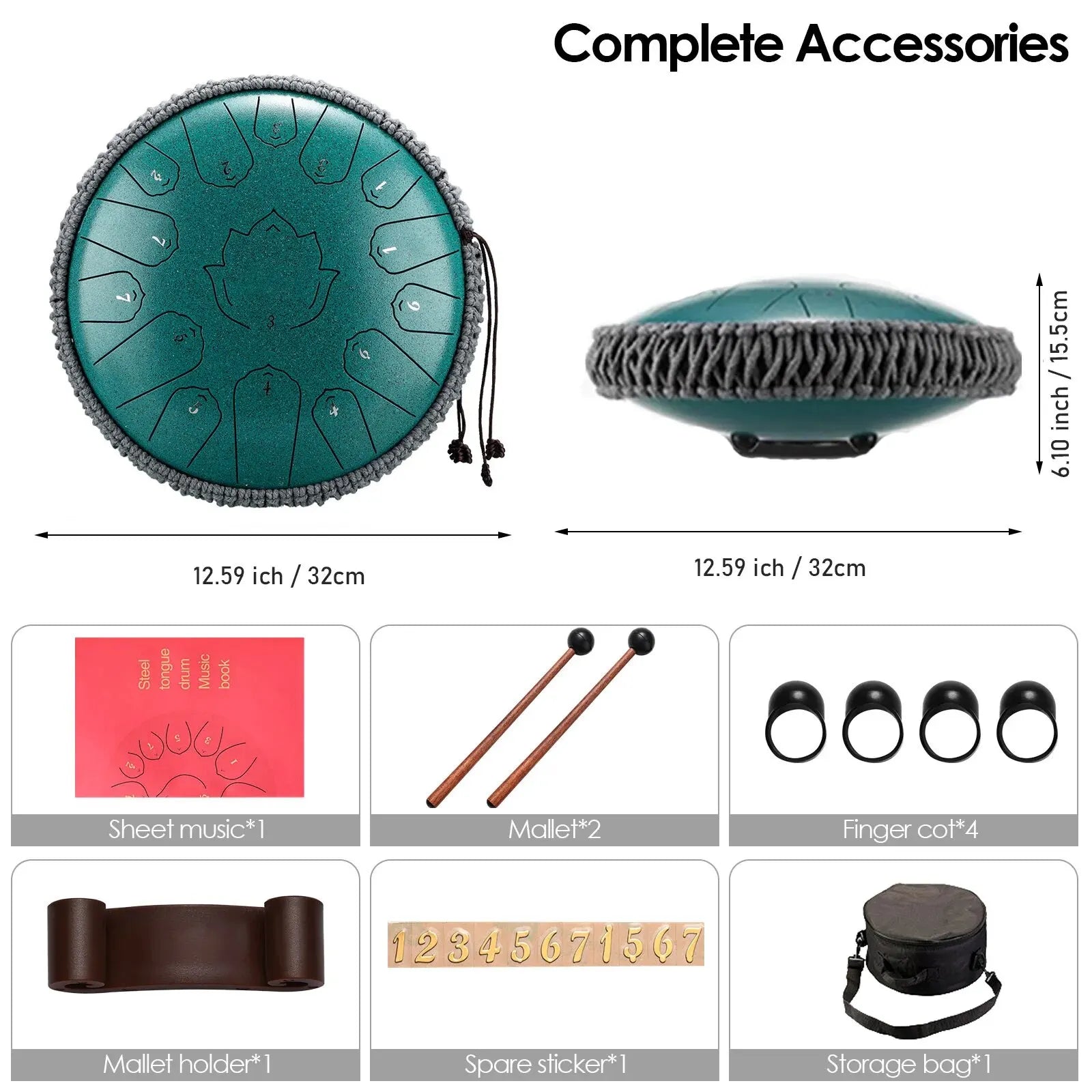Steel Tongue Drum 13-Inch (32 cm) 15-Note C Scale Handpan-Style Percussion with Mallets & Carry Bag