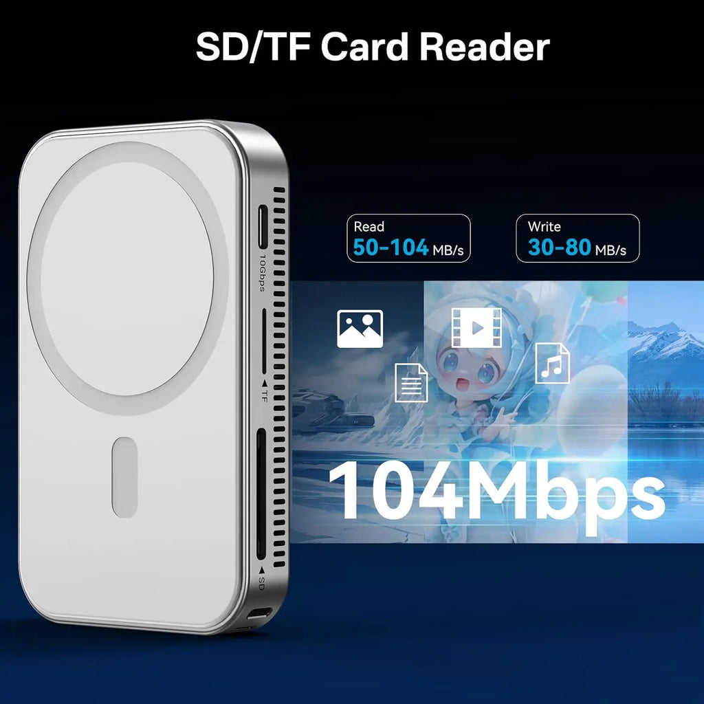 MagSafe Magnetic M.2 NVMe SSD Enclosure & 6-in-1 USB-C Docking Station — 10Gbps, HDMI 4K@60Hz, SD/TF, PD 100W, Cooling Fan, Supports 2230/2242/2260/2280 up to 8TB