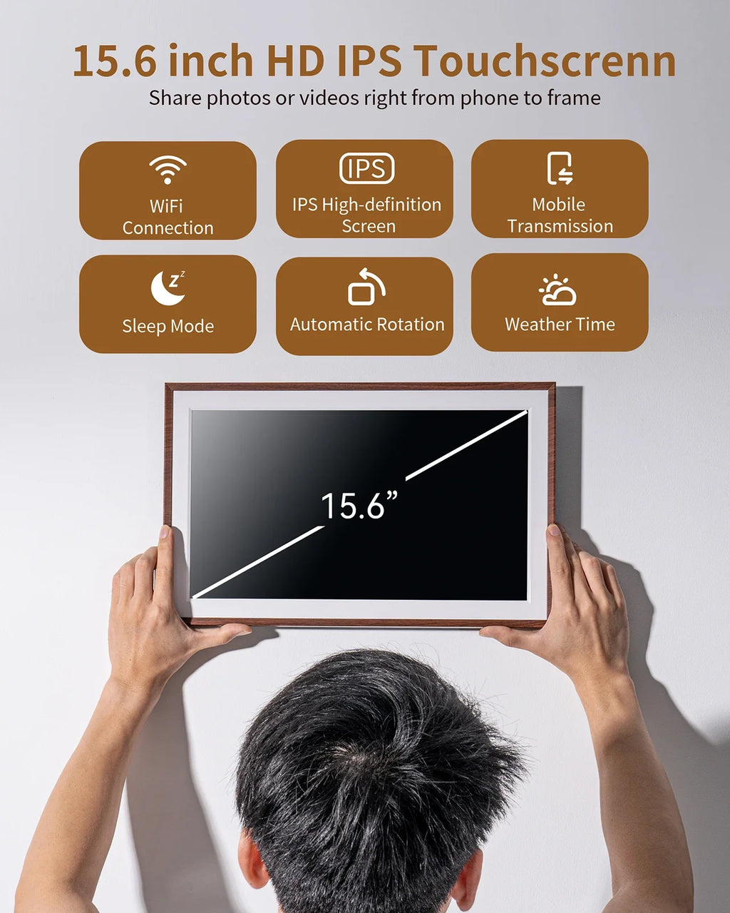15.6-Inch (39.6 cm) FHD Touchscreen Digital Photo Frame, 32GB Built-In, WiFi & Frameo App, MP4 Playback, Wall-Mountable