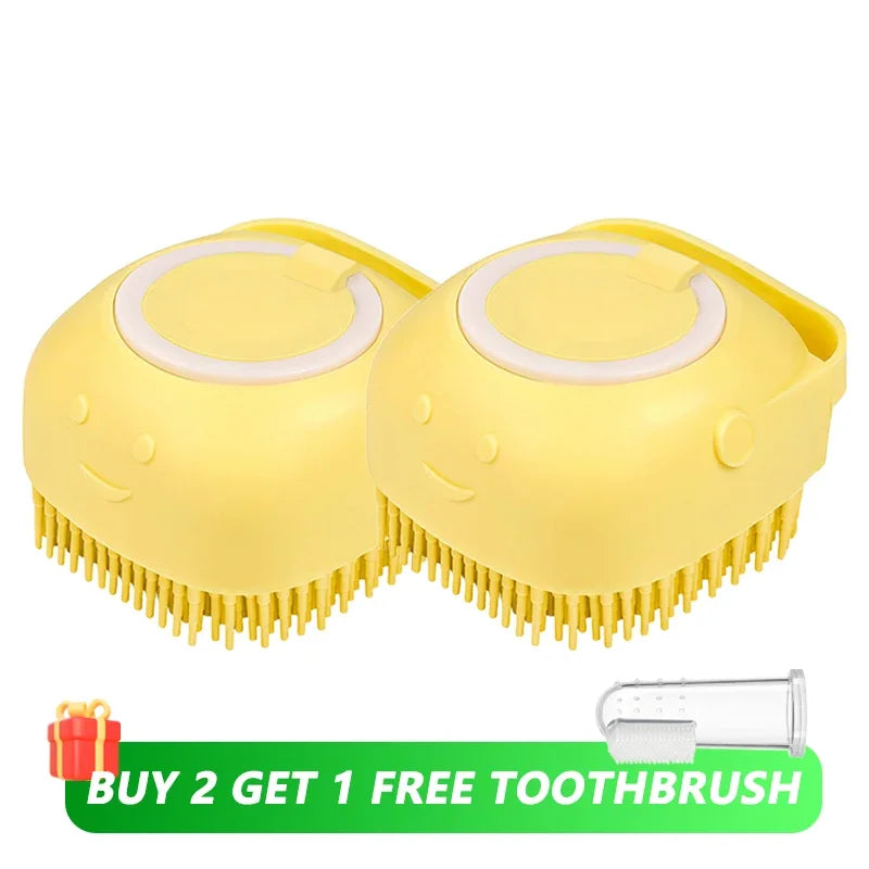 Dog & Cat Silicone Bath Brush with Shampoo Dispenser — Soft Rubber Bristles for Grooming & Massage