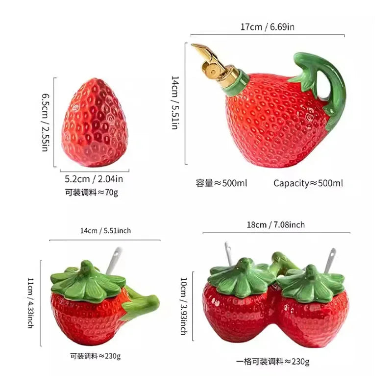 Ceramic Strawberry Oil & Vinegar Cruet - Fruit-Shaped Kitchen Seasoning Jar for Salt, Sugar, Soy Sauce