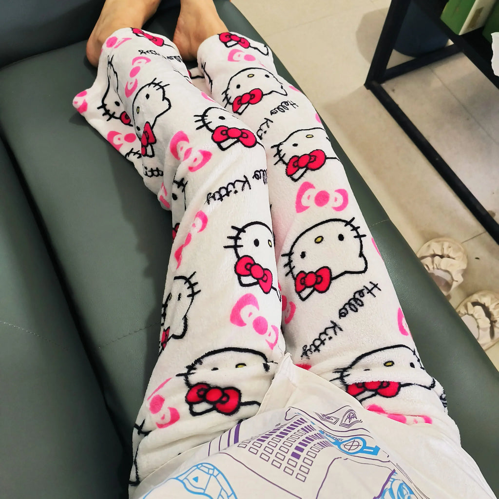 Women’s Flannel Fleece Pajama Pants – Kawaii Cartoon Elastic Waist Lounge & Sleep Trousers, Soft Anime Sleepwear Gift
