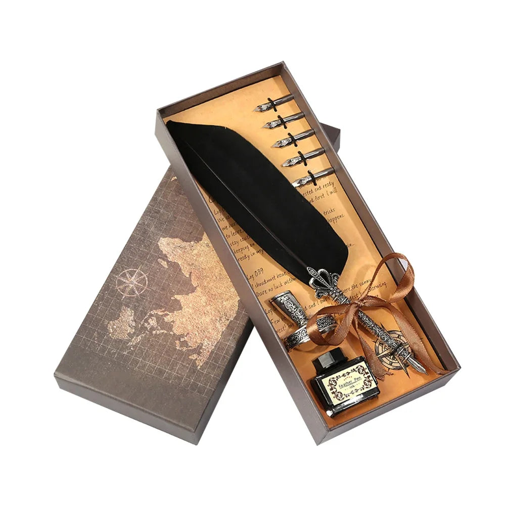 Retro Feather Dip Pen Calligraphy Set with Ink, 5 Nibs & Wax Seal Kit – Quill Writing Set for Stationery, Crafts & Gifts