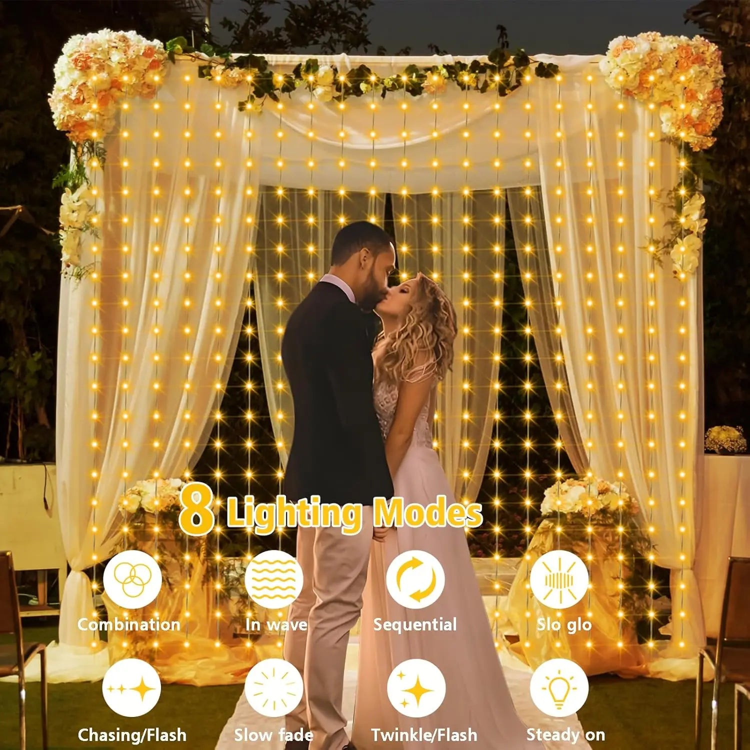 Solar-Powered Outdoor Waterproof Curtain String Lights - 300 LED Fairy Garland 9.8 x 9.8 ft (3 x 3 m) Warm White