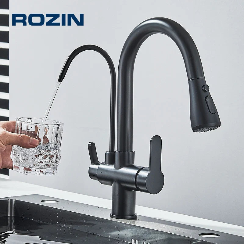 Black 360° Rotating Kitchen Faucet with Pull-Out Sprayer – 3-Way Filtered Hot & Cold Mixer Tap