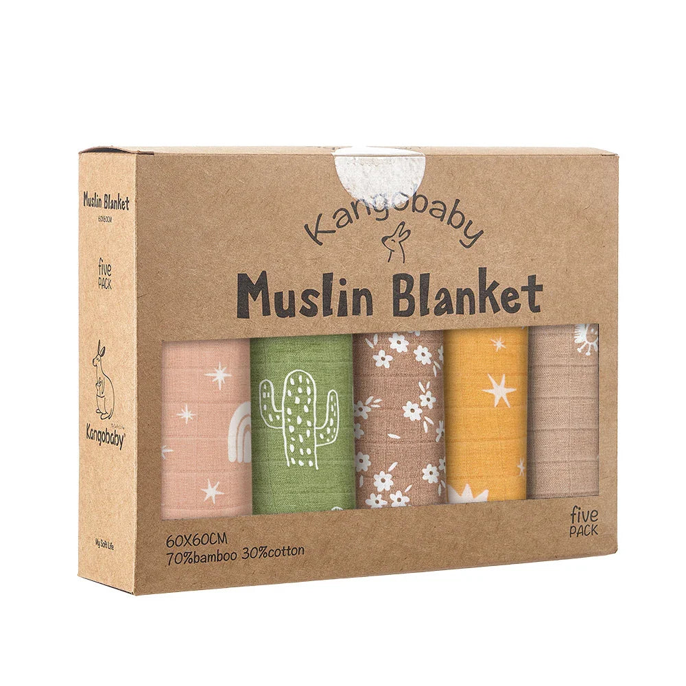 5-Pack Bamboo Cotton Muslin Baby Blankets & Burp Cloths 60 x 60 cm (23.6 x 23.6 in) Soft Breathable Multi-Functional