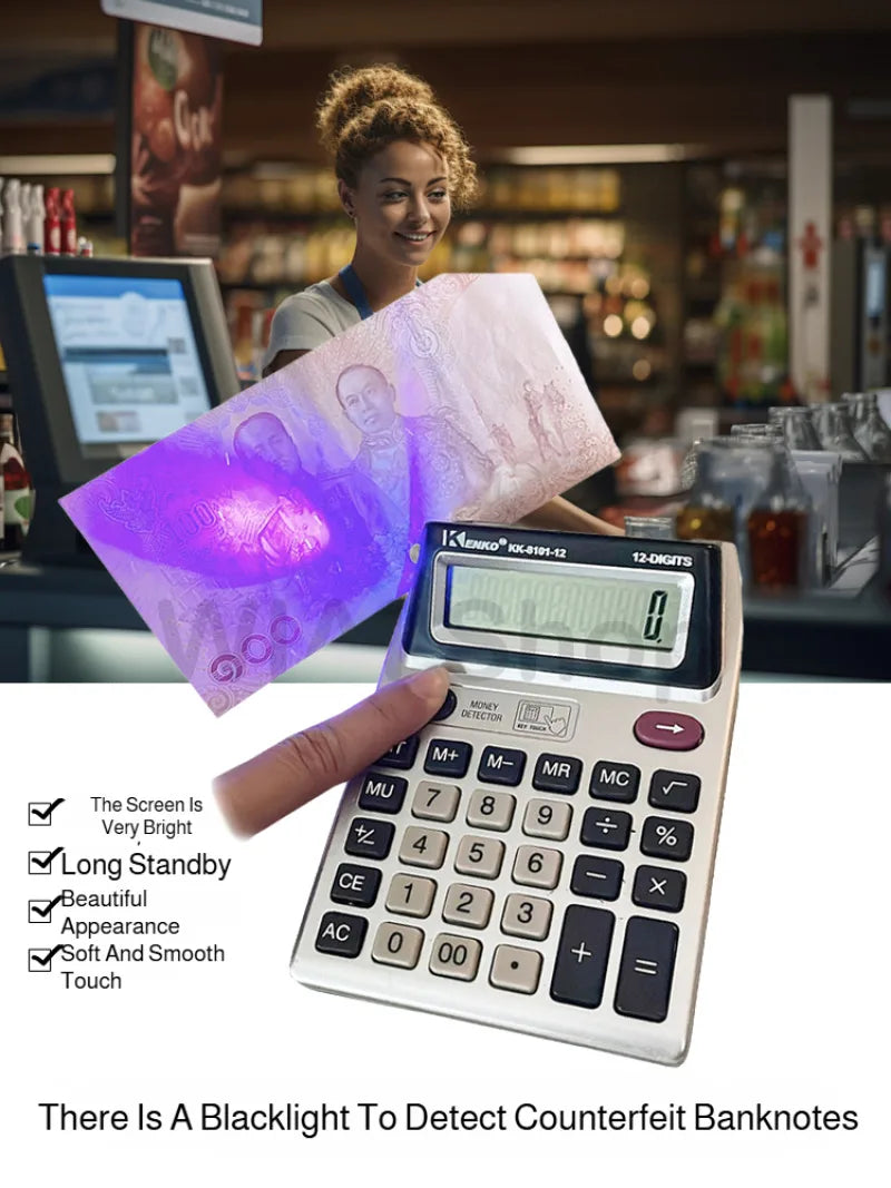 Double-Sided 12-Digit LCD Calculator with Anti-Slip Base & Money Detector Light for Office Accounting