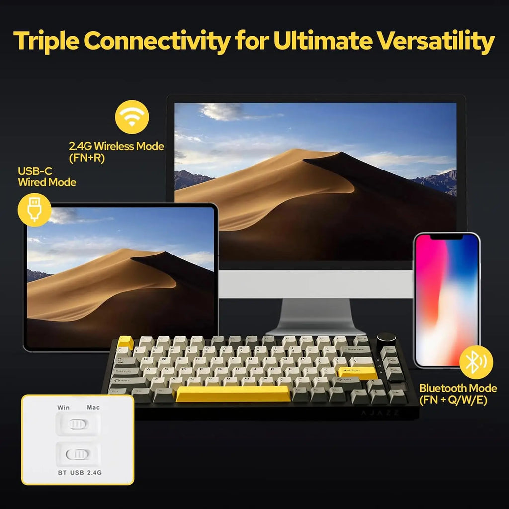 75% Hot-Swappable Mechanical Keyboard — Bluetooth 5.1, 2.4G Wireless & Wired USB-C, PBT Keycaps, RGB, Gasket Mount, Metal Volume Knob