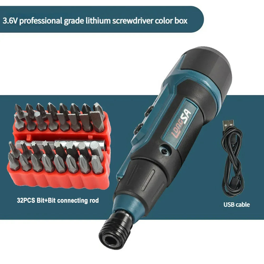 3.6V Mini Cordless Electric Screwdriver — Torque Adjustable Straight Handle, 6.35mm (1/4") Hex Chuck, 1300mAh Lithium Battery