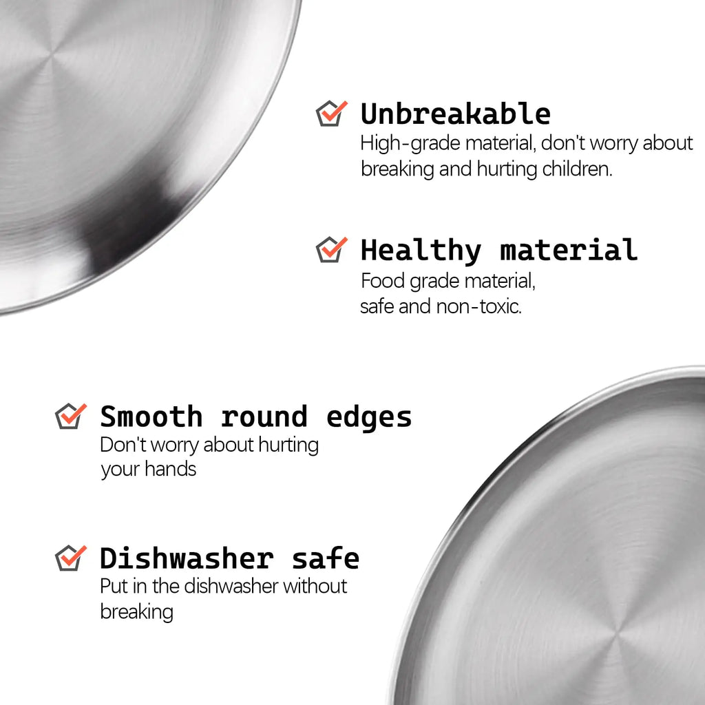 8-Inch (20 cm) 304 Stainless Steel Camping Plates 4-Pack, Reusable Dinner & Serving Plates with Cotton Carry Bag for BBQ Picnic Salad