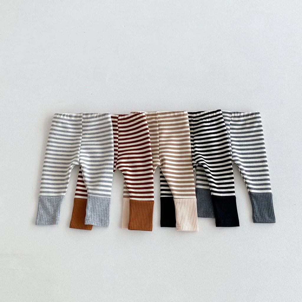 Cotton Patchwork Baby Leggings – Candy Color Striped Pants for Infants 12–36 Months, Unisex Elastic Waist