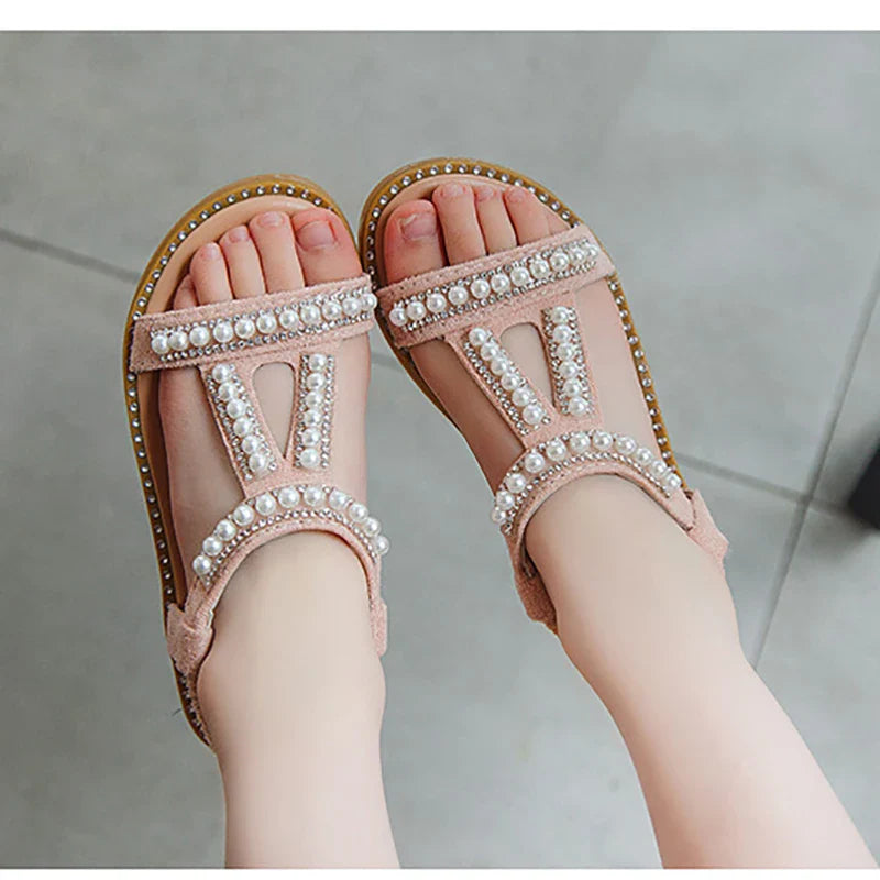Toddler Girls Gladiator Sandals Beaded Nubuck Leather Slip-On Flat Sandals — Sizes 21–30 (13.5–18 cm | 5.31–7.09 in)