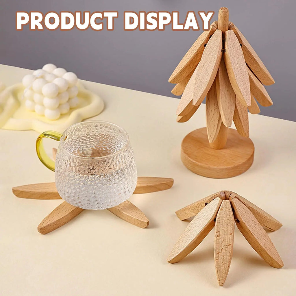 Tree-Shaped Wooden Trivet Set – 4 Foldable Trivets + Stand | Natural Wood Hot Pads for Pots, Teapots & Bowls