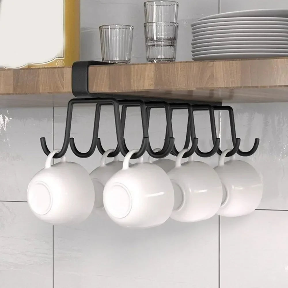 12-Hook Iron Under-Cabinet Mug Rack - Punch-Free Double-Row Cup & Mug Holder, Traceless Storage (Black / White)