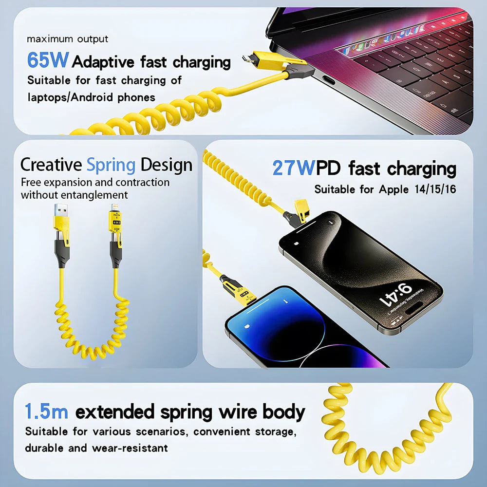 4-in-1 65W Telescopic Spring USB Cable – 6A Fast Charging & Data Sync (USB-C, Lightning, Micro USB)