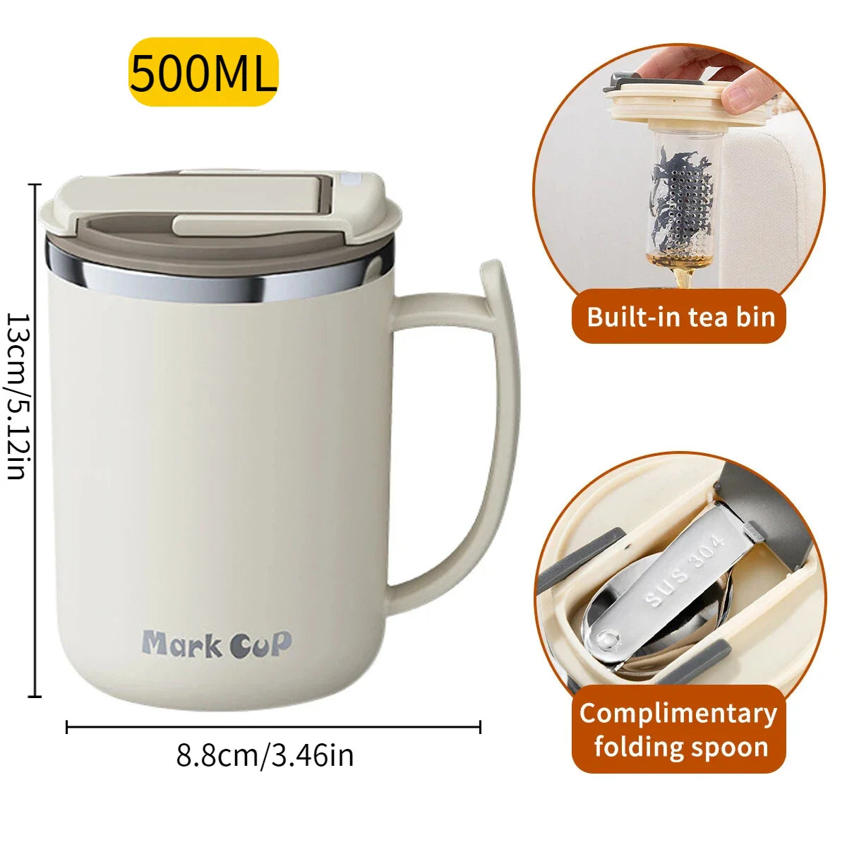 500ml (16.9oz) 304 Stainless Steel Double-Layer Insulated Travel Mug with Handle, Sealed Vacuum Flask