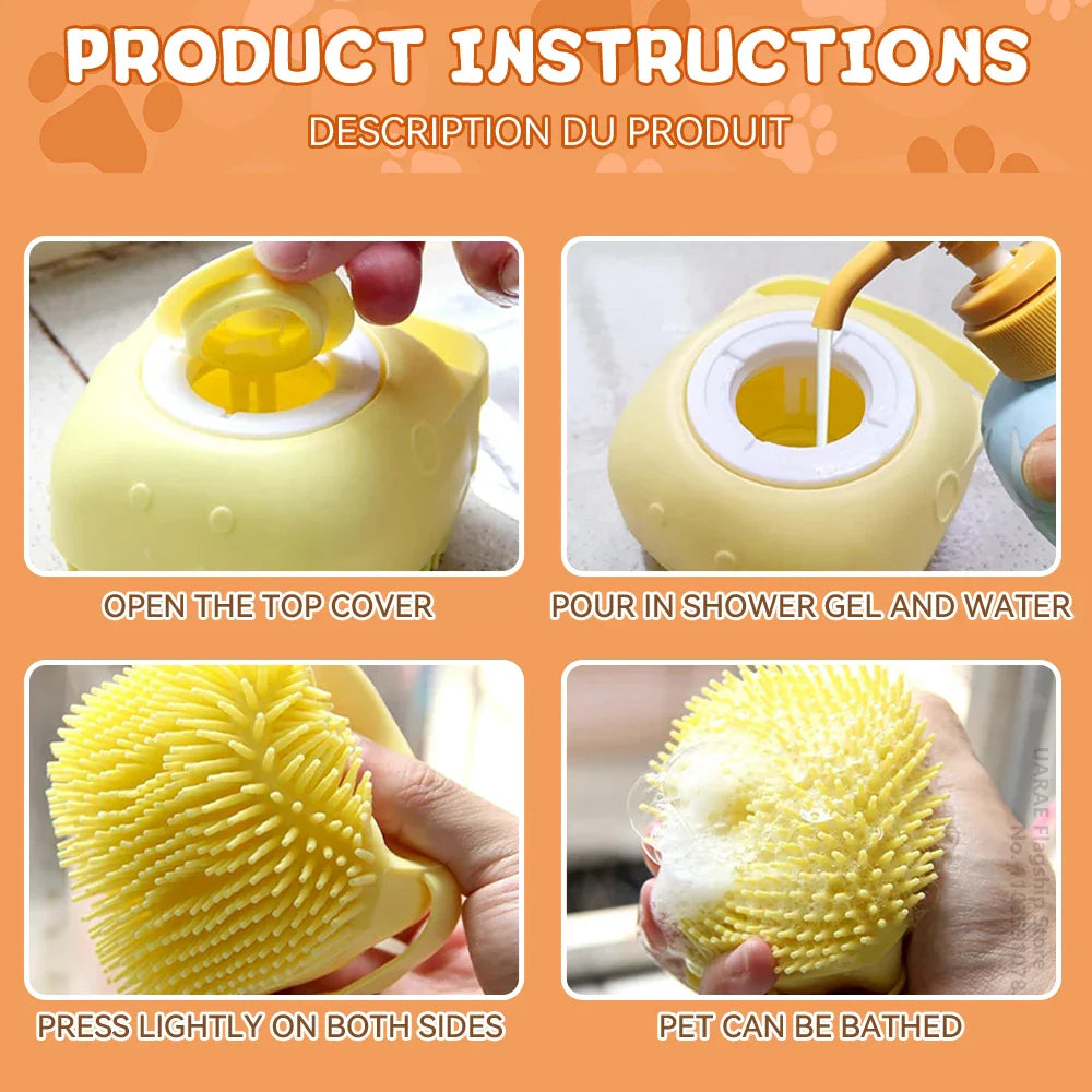 Dog & Cat Silicone Bath Brush with Shampoo Dispenser — Soft Rubber Bristles for Grooming & Massage