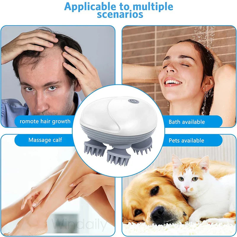 Rechargeable Electric Scalp & Head Massager — Handheld Deep-Kneading 4-Head, IPX6 Waterproof for Hair Growth, Relaxation & Pet Massage