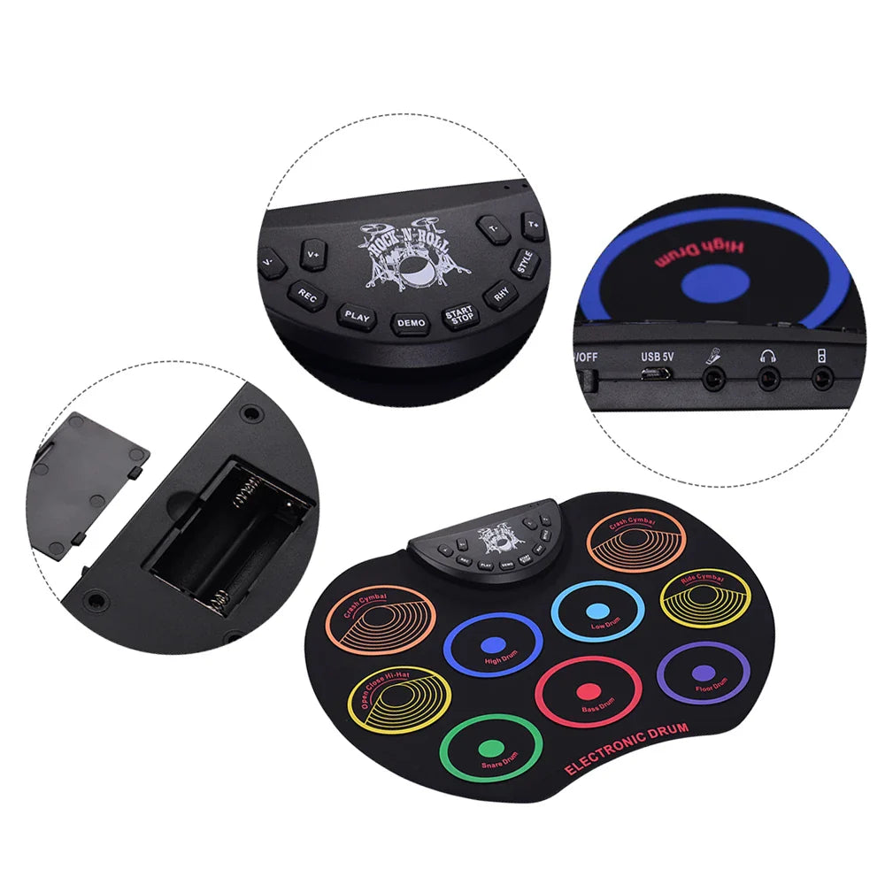 Portable Roll-Up Electronic Drum Kit - 9 Silicone Pads USB/Battery Powered with Drumsticks & Foot Pedal