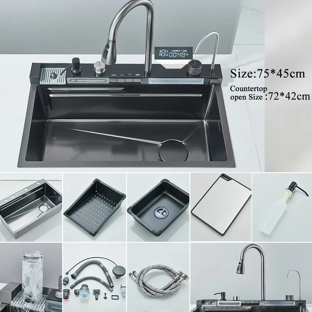 304 Stainless Steel Undermount Kitchen Sink Single Bowl 75 x 45 cm (29.5 x 17.7 in) Brushed Finish with Waterfall Faucet, Digital Display and Soap Dispenser