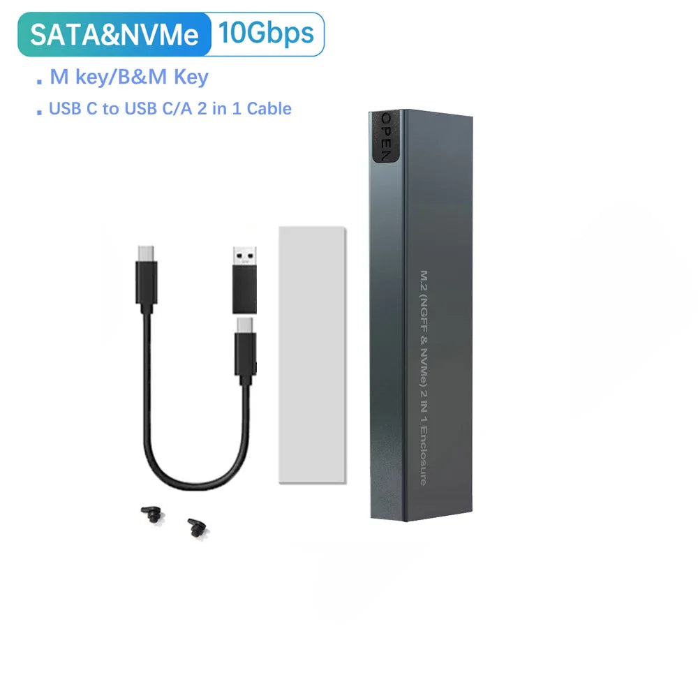 Dual-Protocol M.2 NVMe/SATA SSD Enclosure – USB 3.1 Gen2 10Gbps, Supports 2230/2242/2260/2280 (Type-C to C/A)