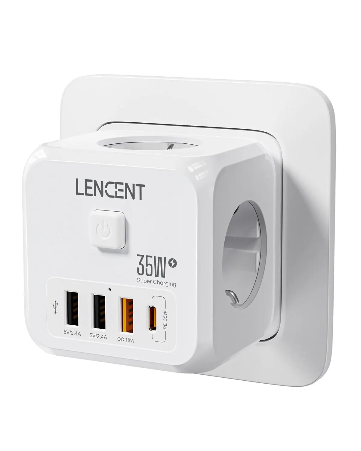 7-in-1 EU Wall Socket Extender - 3 AC Outlets, 3 USB-A & 1 USB-C with On/Off Switch