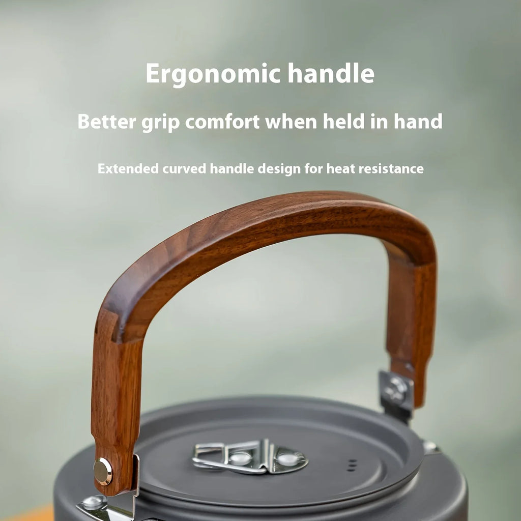 Portable Aluminum Camping Kettle with Wooden Handle, Outdoor Tea Kettle for Hiking & Backpacking