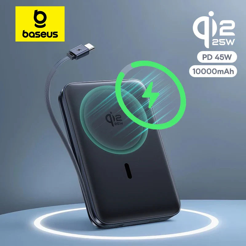 10000mAh 45W Magnetic Wireless Power Bank — 25W Qi2.2 MagSafe-Compatible Portable Charger with Built-In USB-C Cable