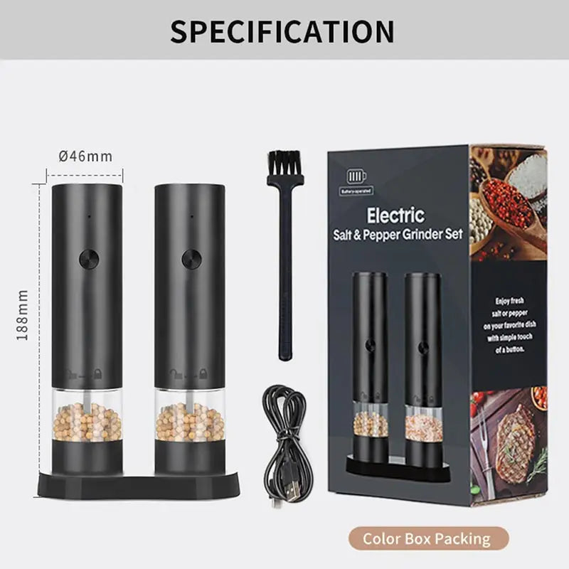 USB Rechargeable Electric Pepper Grinder and Salt Mill with Dual Chambers and Charging Base