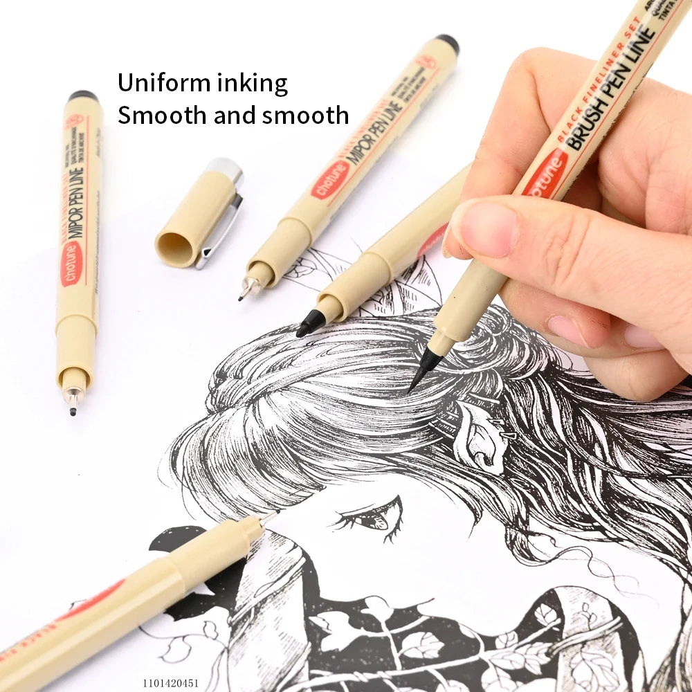 12-Pack Pigment Liner Ink Pens — Needle & Hook Tip Fineliners for Manga Drawing, Sketching & Illustration