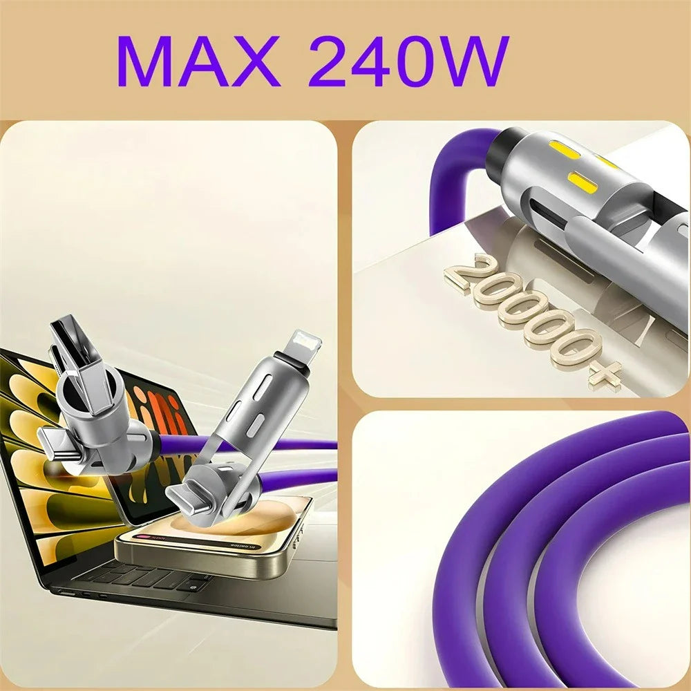 4-in-1 240W USB-C PD Fast Charging Cable — Silicone Power Cord, Type-C to USB-A, Compatible with iPhone Samsung Xiaomi