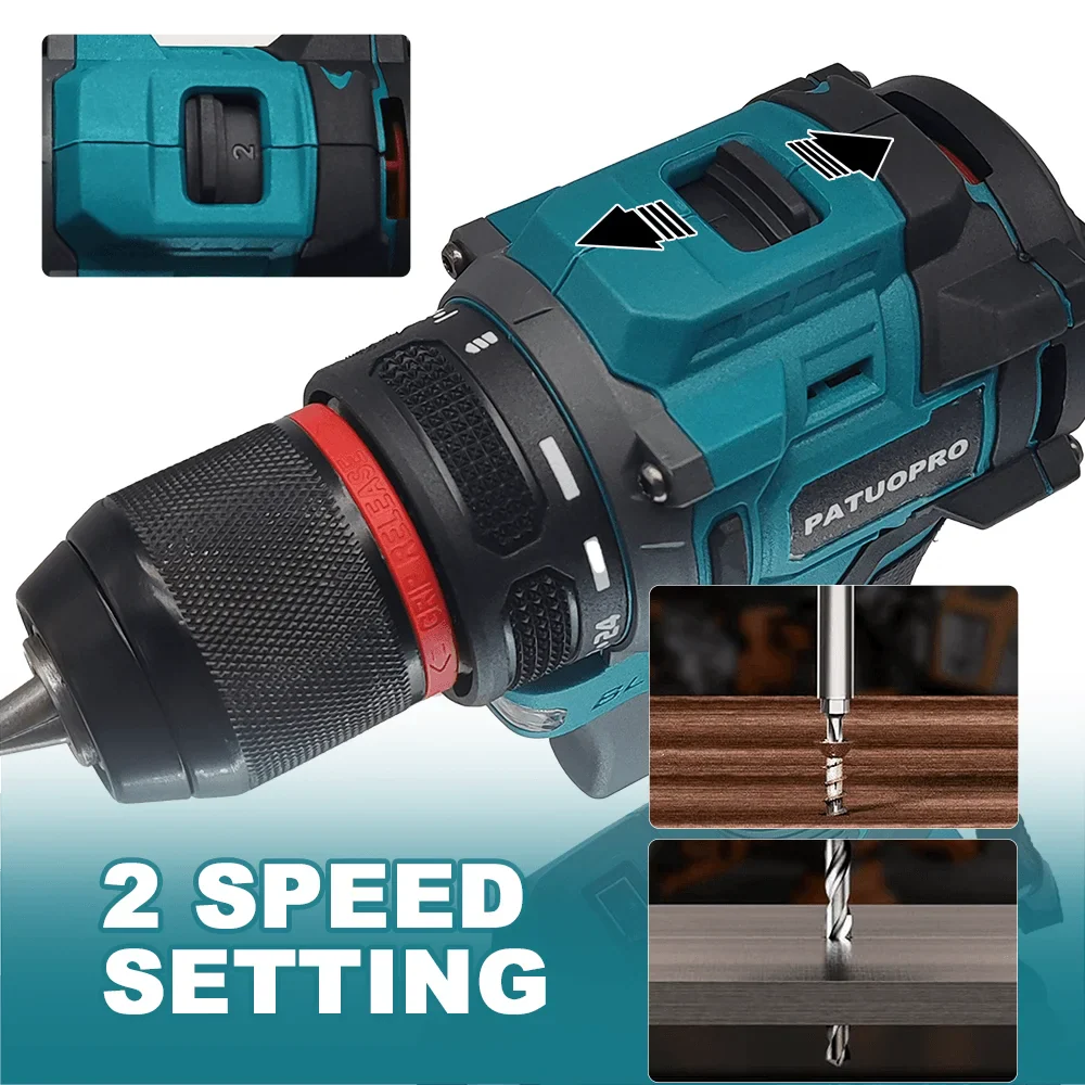 Brushless Cordless Drill 2-Speed - 3/8 in (0.8–10 mm) Keyless Chuck - 21+1 Torque - Compatible with 18V Slide Batteries (Battery Not Included)