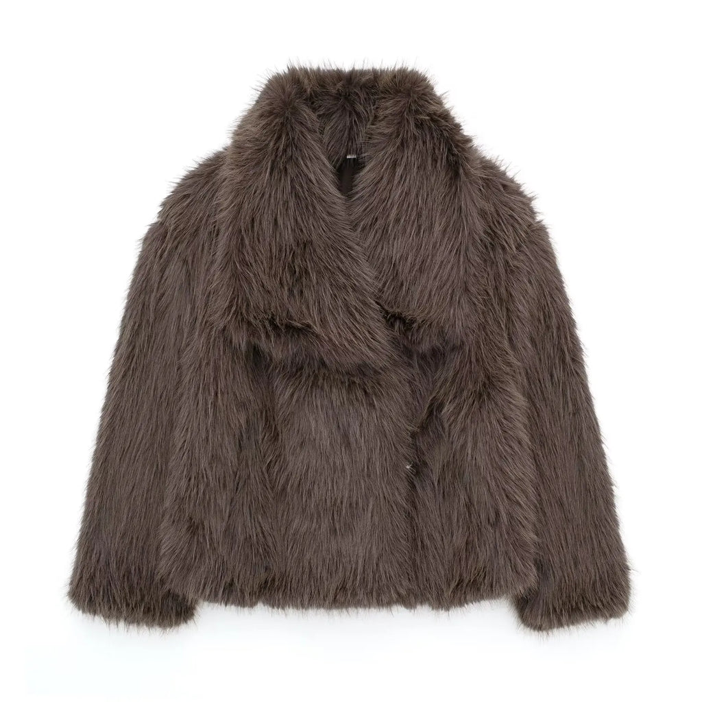 Cropped Faux Fur Jacket for Women – Long Sleeve Snap-Button Lapel Collar Thick Winter Coat