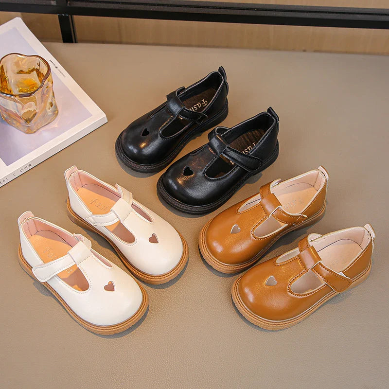 Girls Princess PU Leather T-Strap Flats with Heart Cut-Outs Cute Toddler & Kids Dress Shoes for Spring Autumn